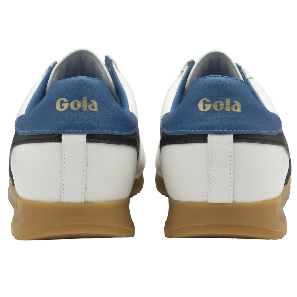 Rear view of two white Gola sneakers, showing blue heel tabs and gum soles.