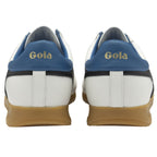 Rear view of two white Gola sneakers, showing blue heel tabs and gum soles.