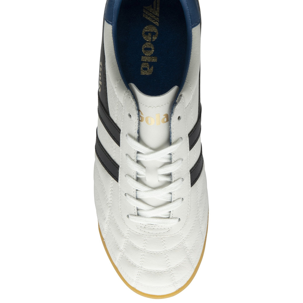 Top-down view of a white Gola sneaker with black stripes and a blue interior.