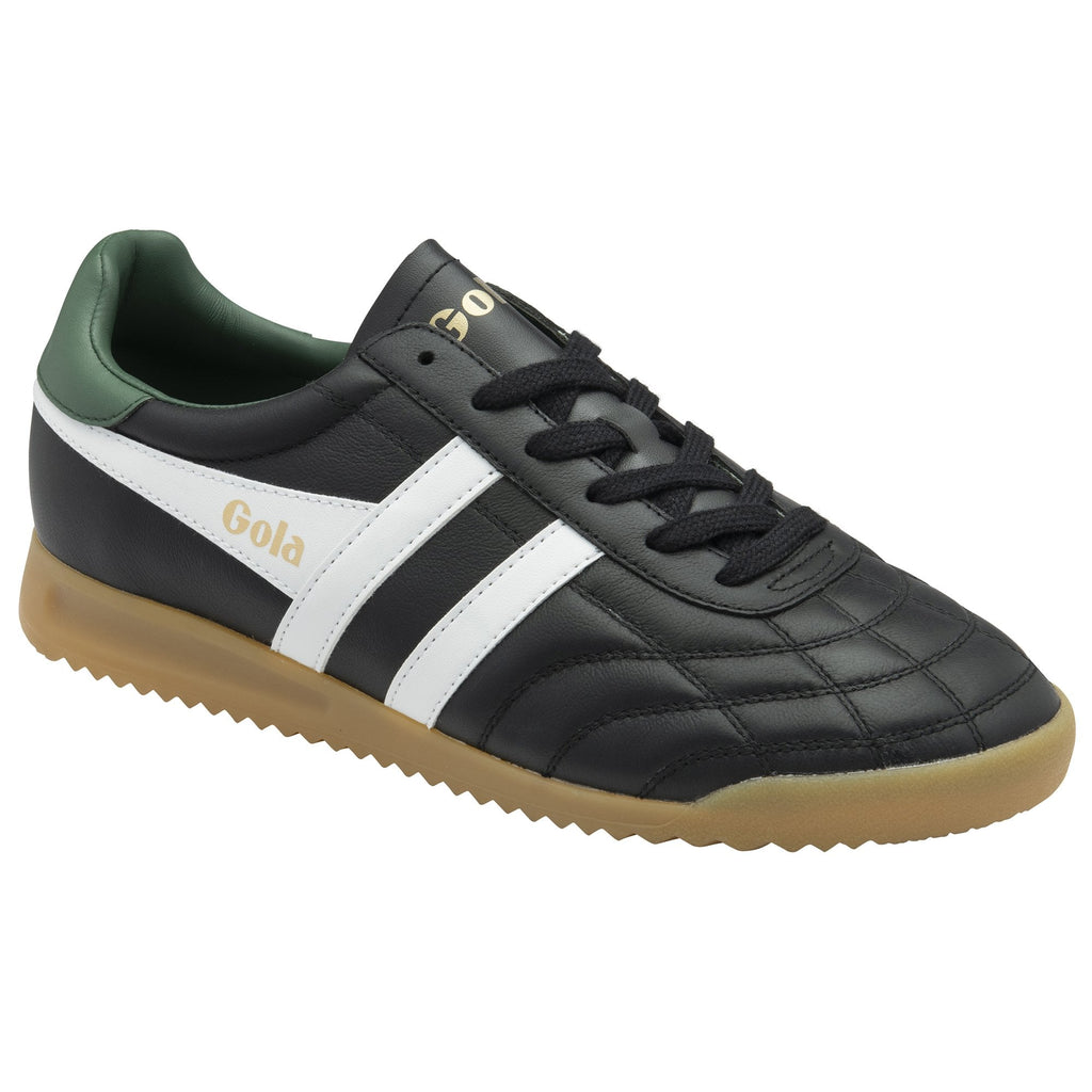 Black Gola trainer with white stripes and a green heel tab