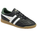 Black Gola trainer with white stripes and a green heel tab