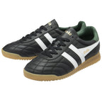 Pair of Gola Quota trainers in black with white stripes, green lining, and gum sole