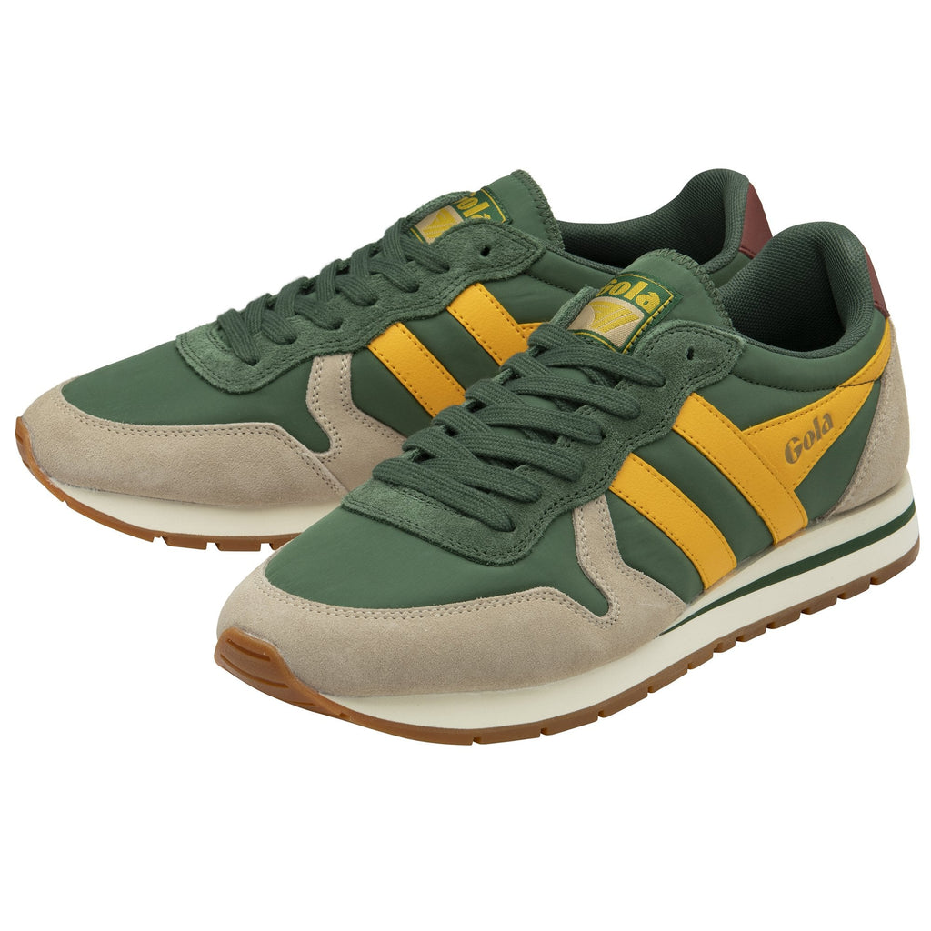 A pair of Gola men's trainers in green, yellow, and tan, viewed at an angle.