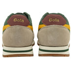 The heels of two Gola men's trainers in green, yellow, and tan.