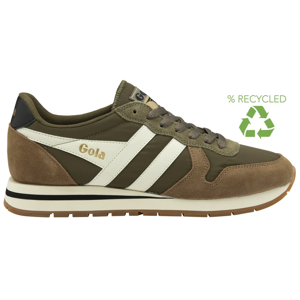 A recycled khaki sneaker with brown accents and white stripes on the side, displayed against a white background.