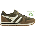 A recycled khaki sneaker with brown accents and white stripes on the side, displayed against a white background.