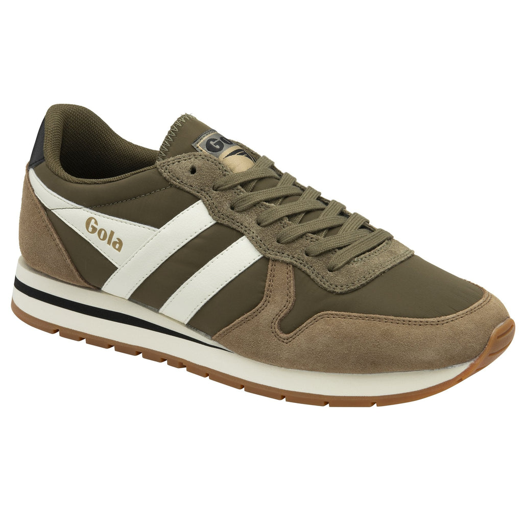 Gola men's trainer in khaki with white stripes and a brown sole