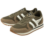 Pair of Gola sneakers in olive green and tan with white stripes