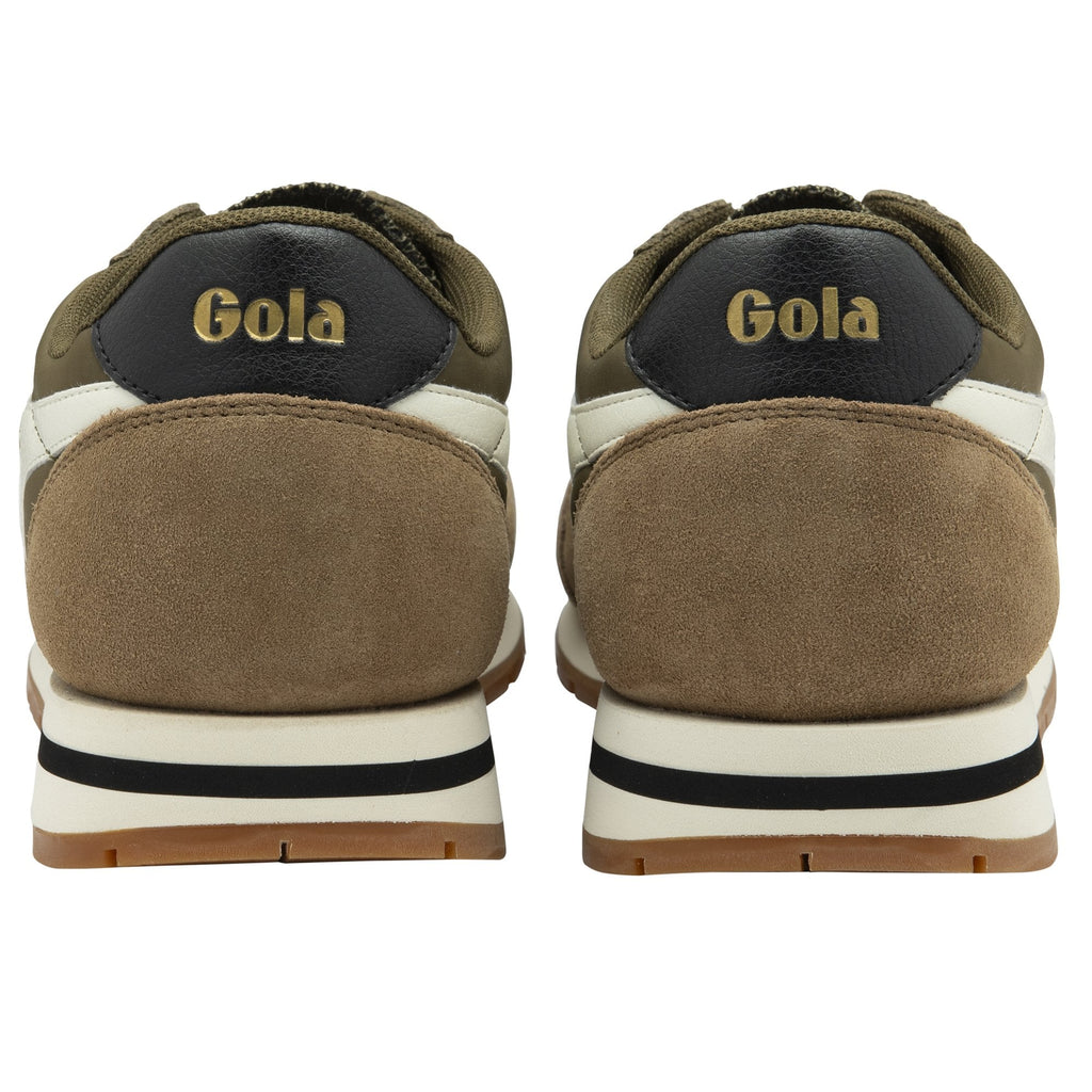 The back view of a pair of khaki and brown Gola sneakers with black heel tabs.