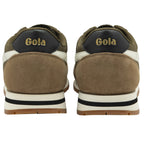 The back view of a pair of khaki and brown Gola sneakers with black heel tabs.