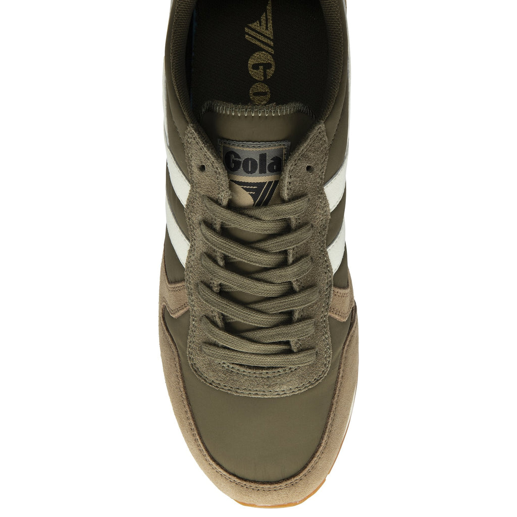An overhead view of a khaki and brown Gola sneaker with white stripes and laces.