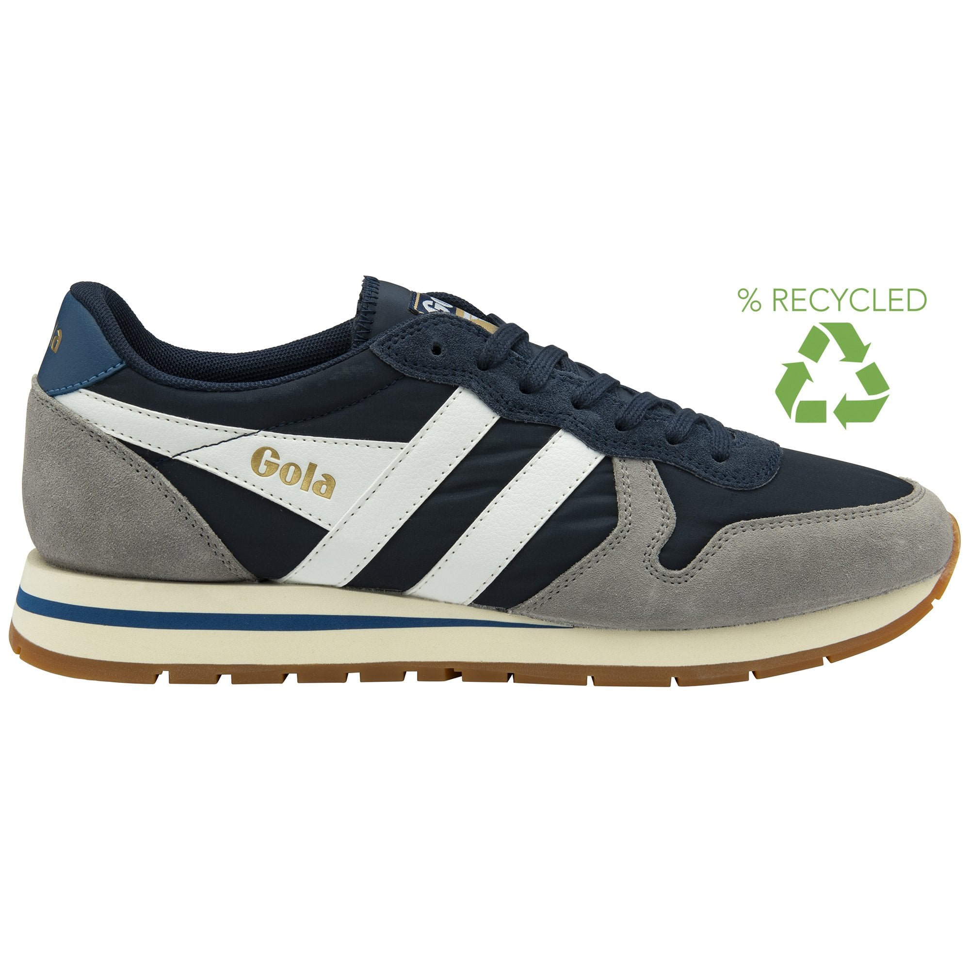 Side view of a Gola men's sneaker in navy and grey, featuring a recycled content logo.