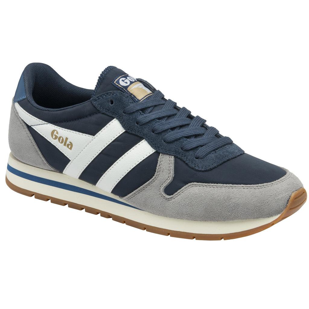 Side view of a single Gola men's sneaker in navy and grey, with white stripes.