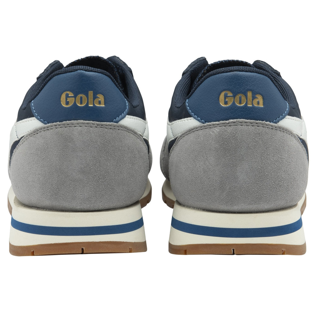Rear view of two Gola men's sneakers, highlighting the gold Gola branding on the heel.