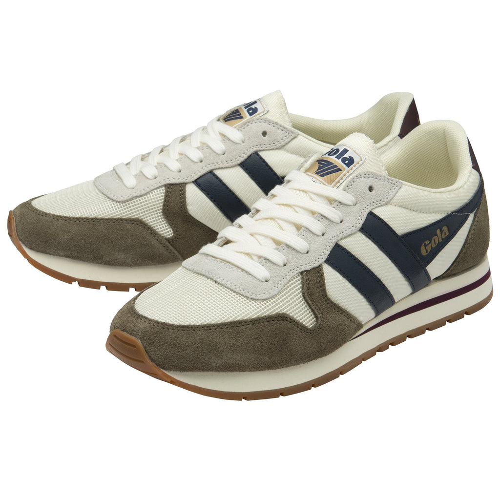 Pair of Gola men's trainers in off-white and olive green with navy stripes.