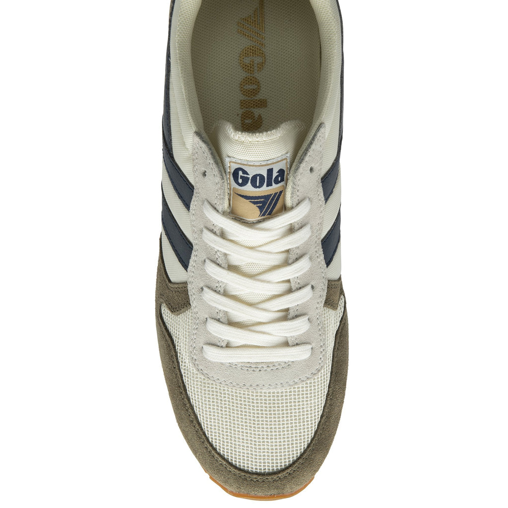 Top-down view of a Gola men's trainer in off-white and olive green with navy stripes.