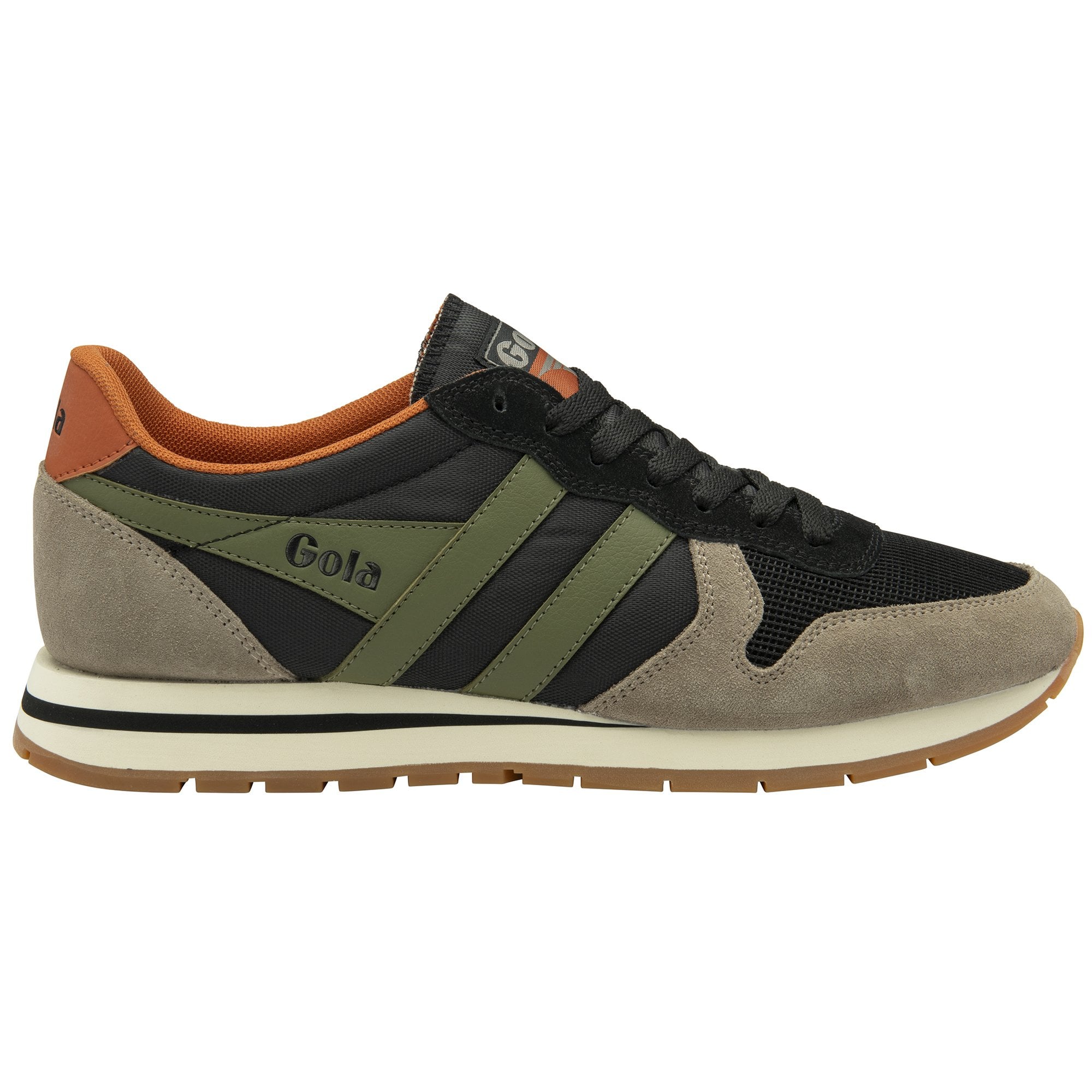 A single Gola men's sneaker in black, olive, and grey, side view.