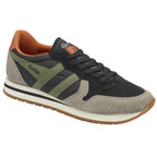 A single Gola men's sneaker in black, olive, and grey, slightly angled.