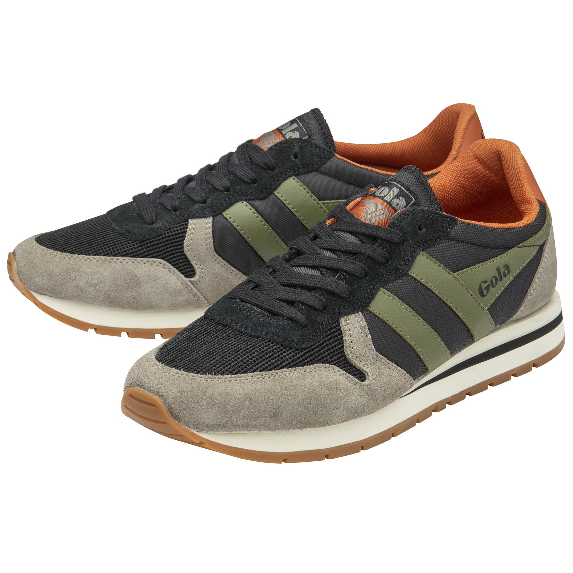 A pair of Gola men's sneakers in black, olive, and grey, angled view.