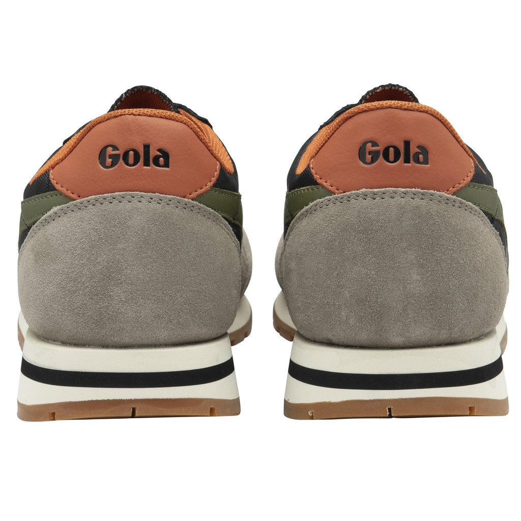 A pair of Gola men's sneakers in black, olive, and grey, showing the heels.