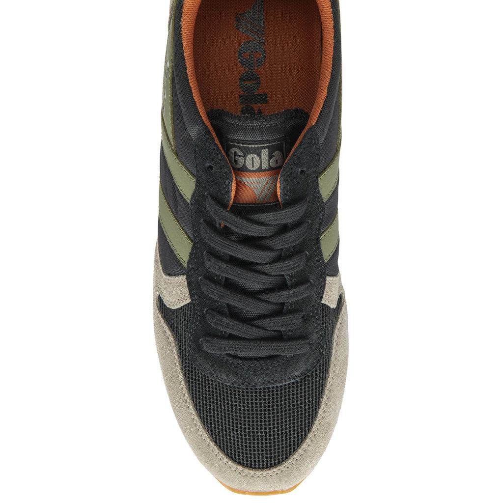 A pair of Gola men's sneakers in black, olive, and grey, top down view.