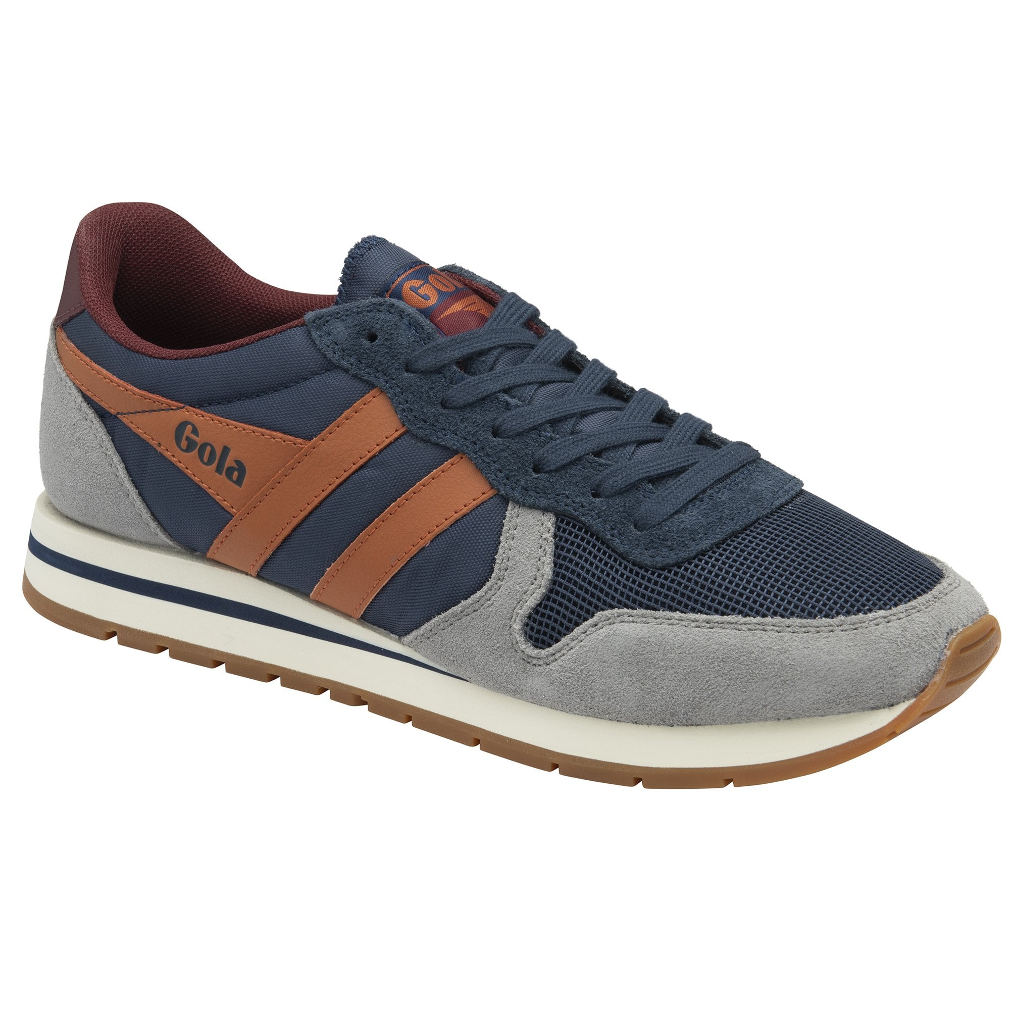 A right Gola men's sneaker in navy, brown, and gray, facing left.