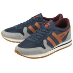A pair of Gola men's sneakers in navy, brown, and gray.