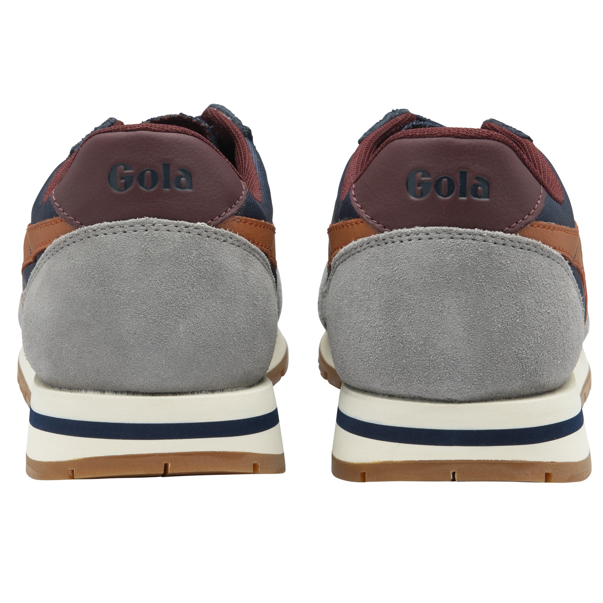 Back view of Gola men's sneakers in navy, brown, and gray.