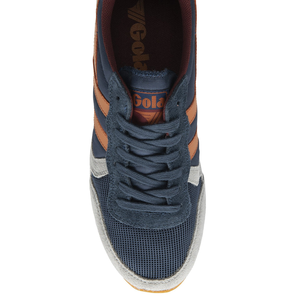 Top view of a Gola men's sneaker in navy, brown, and gray.