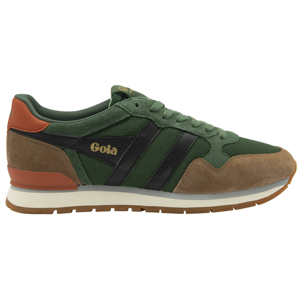 A single Gola men's sneaker, dark green and brown, with black stripes and a white sole.