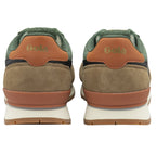 The rear view of a pair of dark green and brown men's Gola sneakers.
