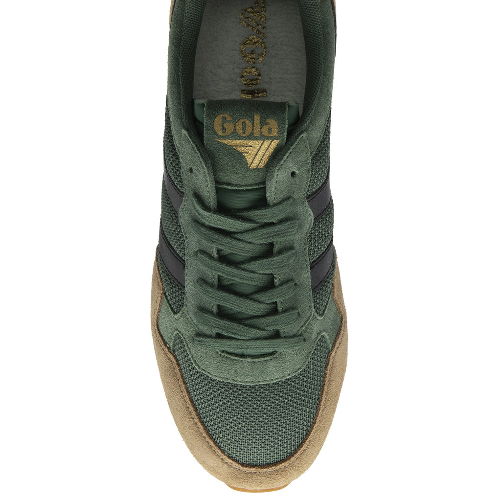 The top-down view of a single Gola men's sneaker, dark green and brown.