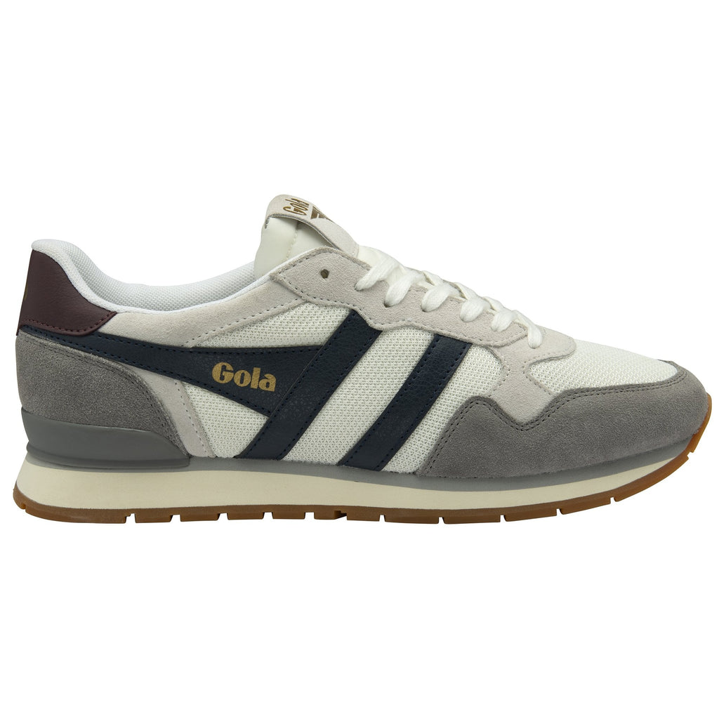 A single Gola men's sneaker in white, grey, and navy, seen from the side.