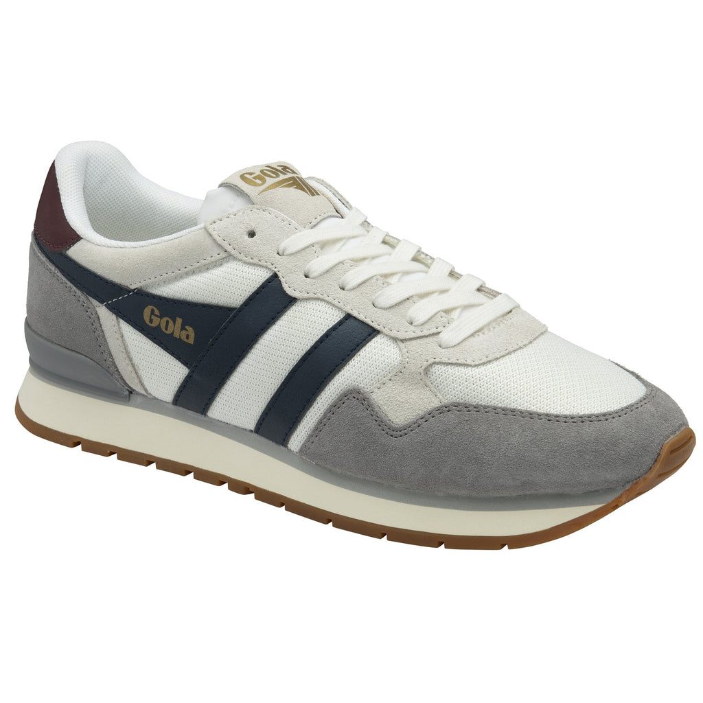 A single Gola men's trainer in white, grey, and navy, seen from a slight angle.