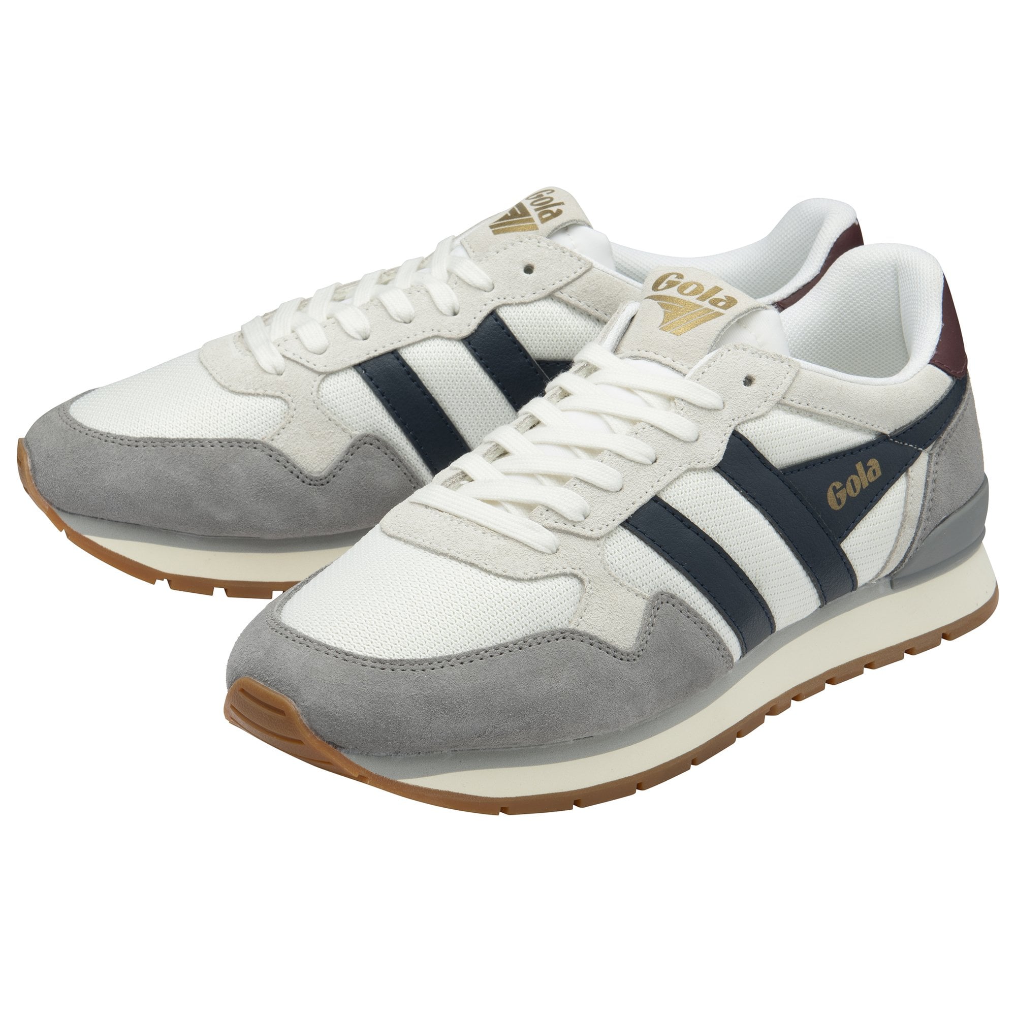 A pair of Gola men's sneakers in white, grey, and navy.