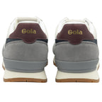 The back view of a pair of Gola men's trainers in white, grey, and navy.