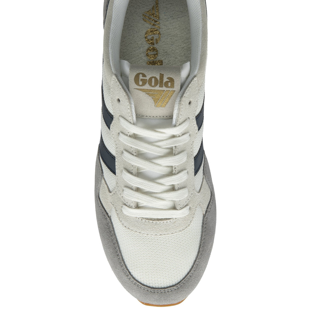 The top-down view of a single Gola men's trainer in white, grey, and navy.
