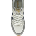 The top-down view of a single Gola men's trainer in white, grey, and navy.