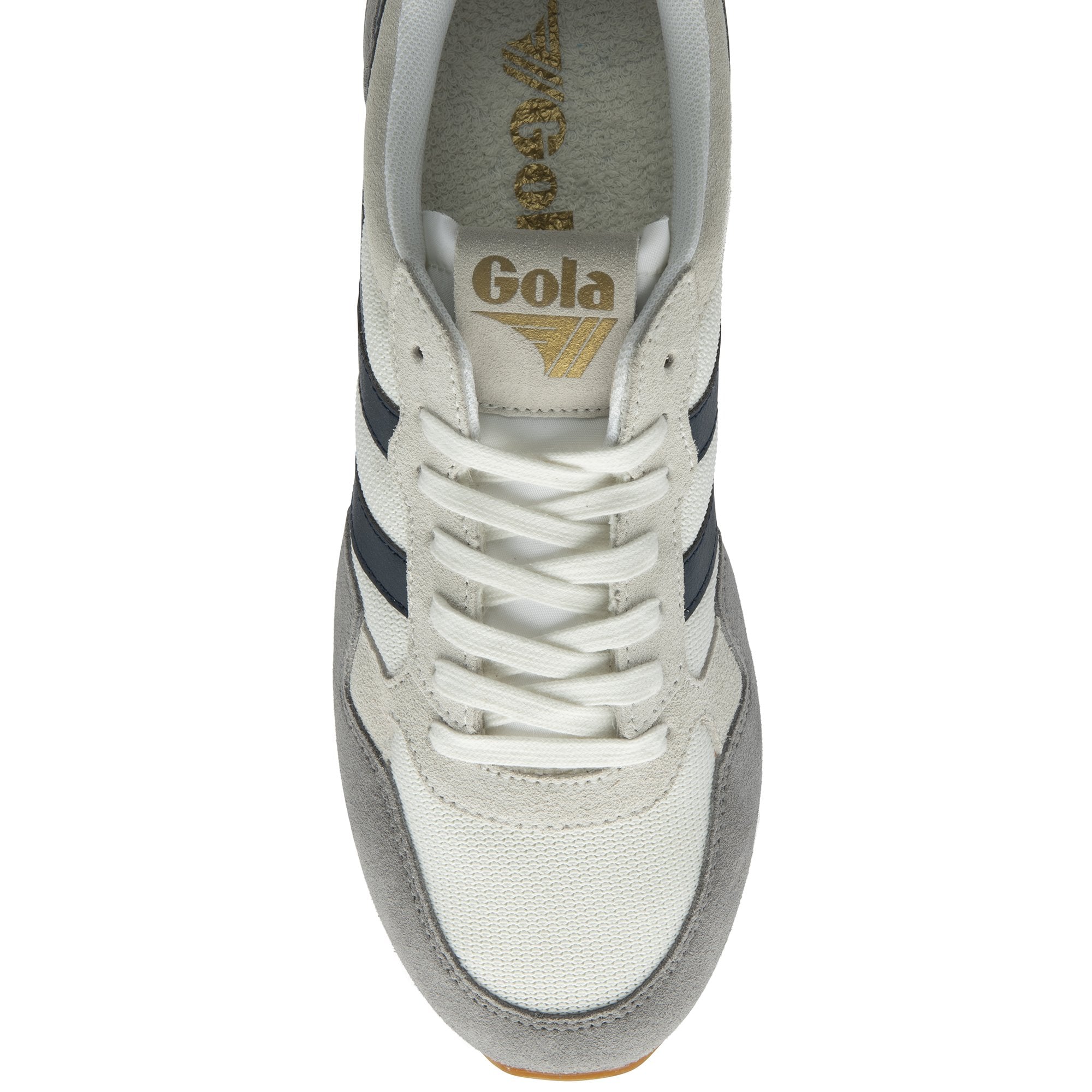 The top-down view of a single Gola men's trainer in white, grey, and navy.