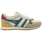 Side profile of a Gola men's sneaker, featuring white, beige, blue, red, and yellow accents.
