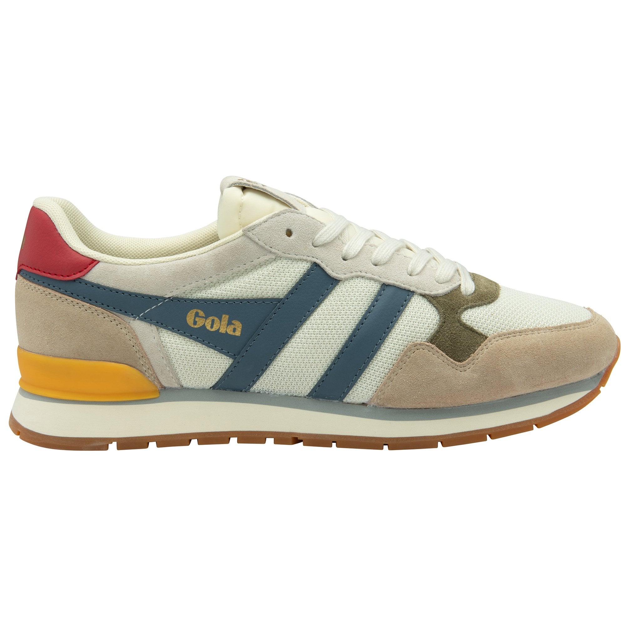 Side profile of a Gola men's sneaker, featuring white, beige, blue, red, and yellow accents.