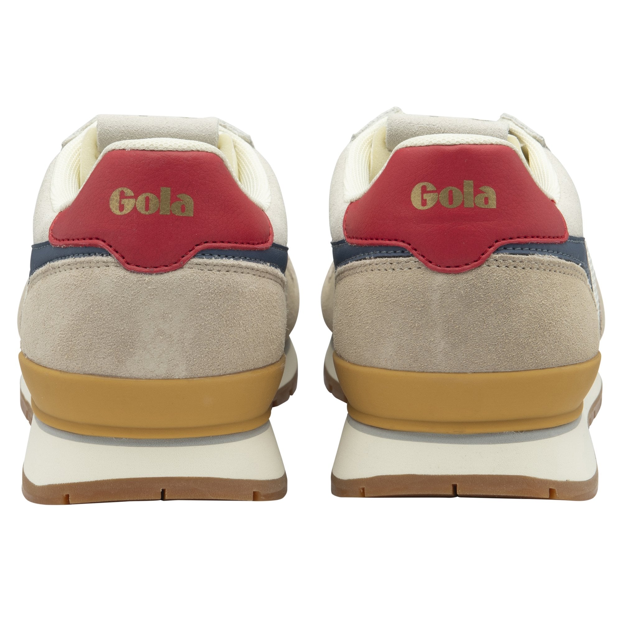 Rear view of two Gola men's sneakers, emphasizing the red heel tab with the Gola logo.