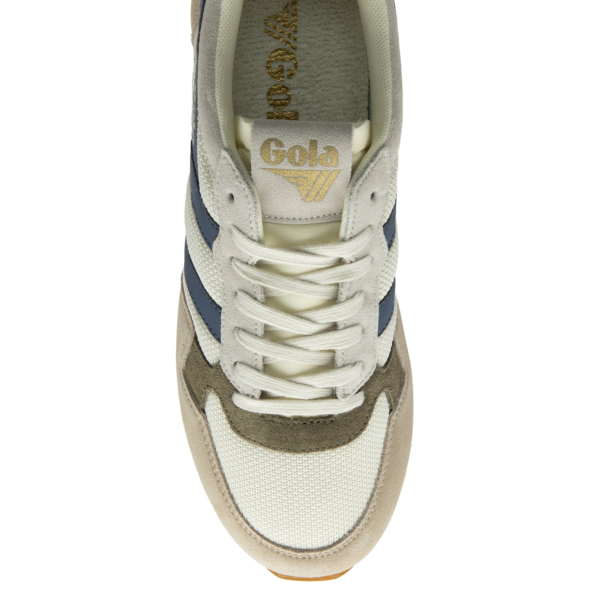 Top-down view of a Gola men's sneaker, displaying the laces and Gola branding on the tongue.