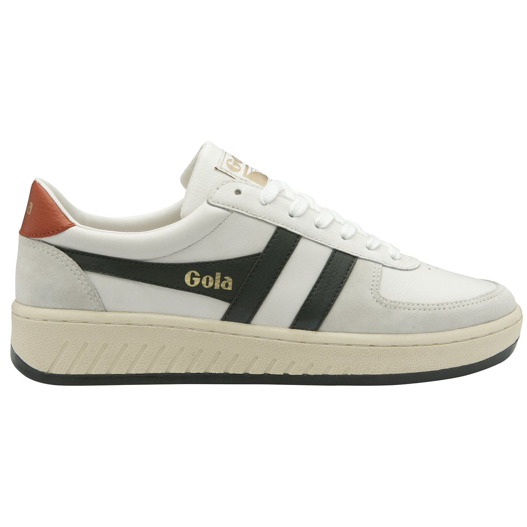 White Gola sneaker with a brown heel and black stripes, side view.