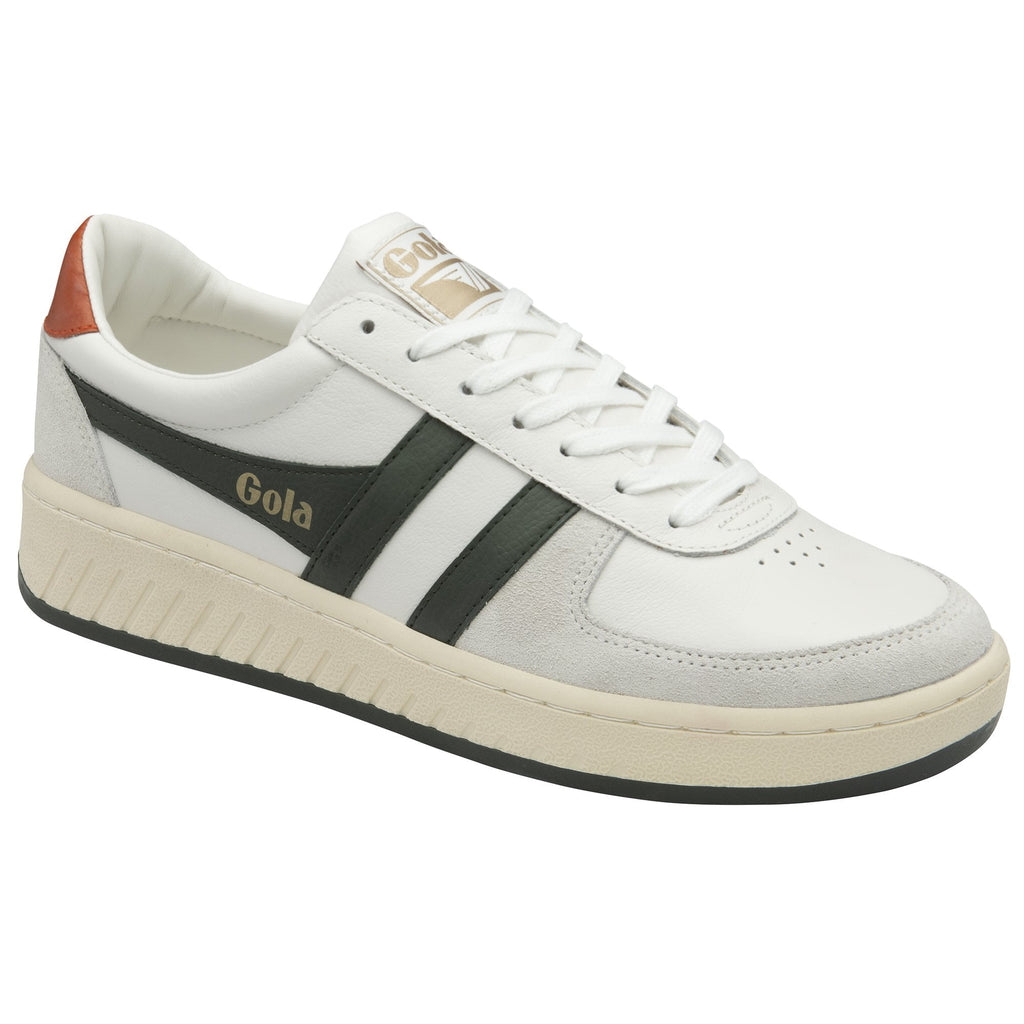 White Gola sneaker with a brown heel and dark green stripes, side view.