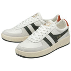 Pair of white Gola sneakers with brown heels and dark green stripes.