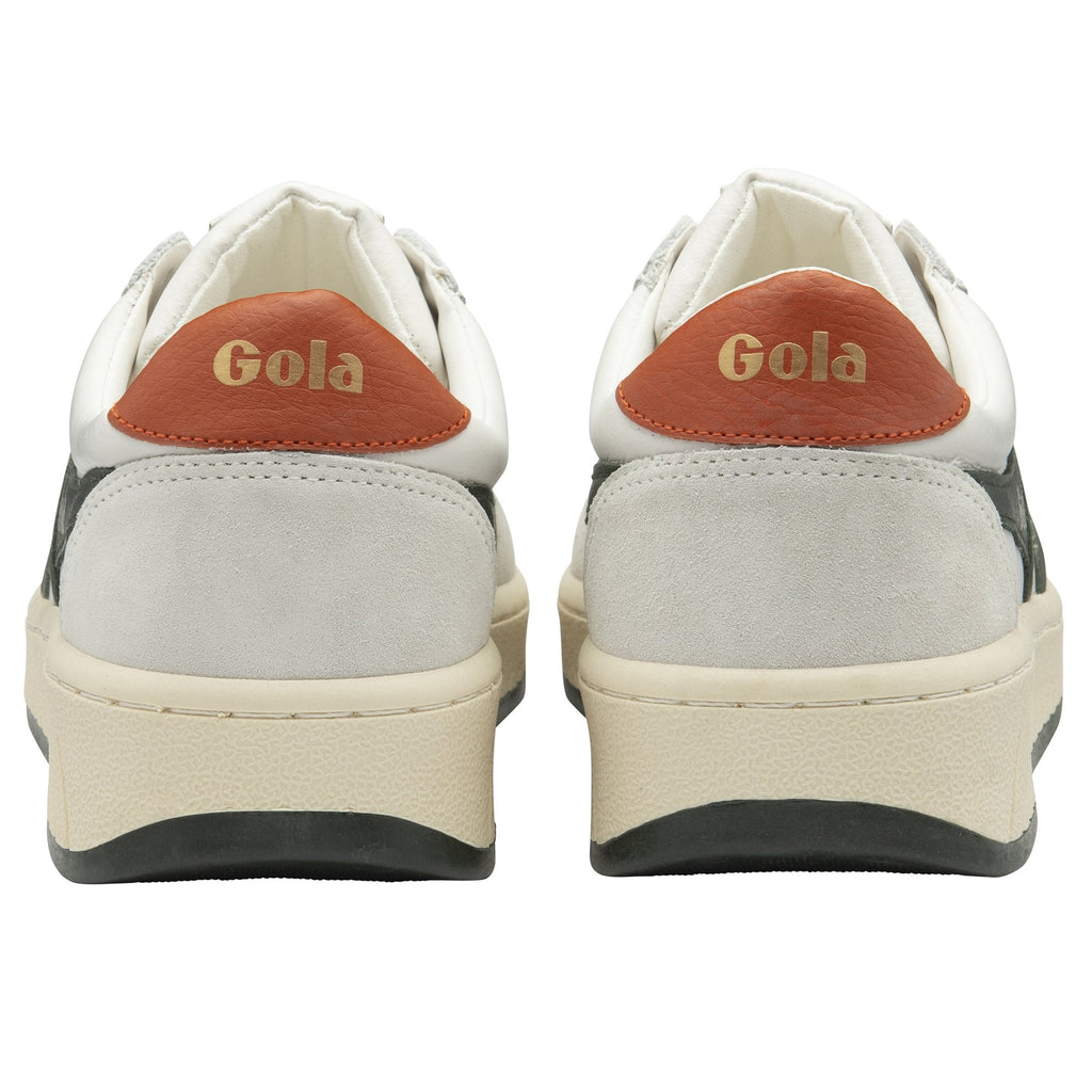 Rear view of a pair of white Gola sneakers with brown heels and gold lettering.