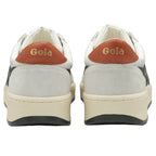 Rear view of a pair of white Gola sneakers with brown heels and gold lettering.