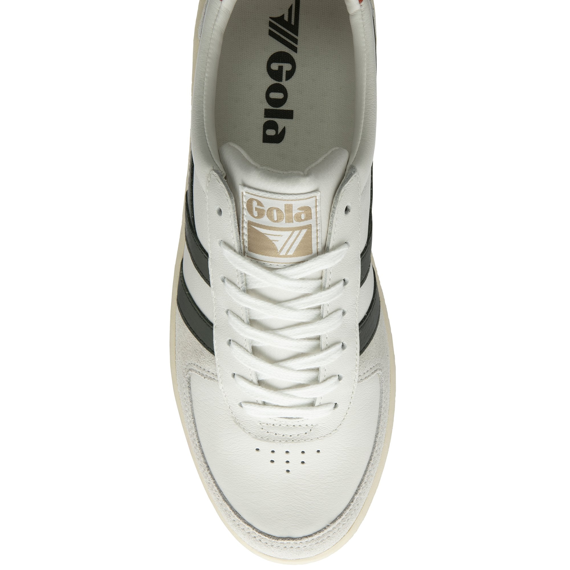 Top down view of a white Gola sneaker with dark green stripes and laces.