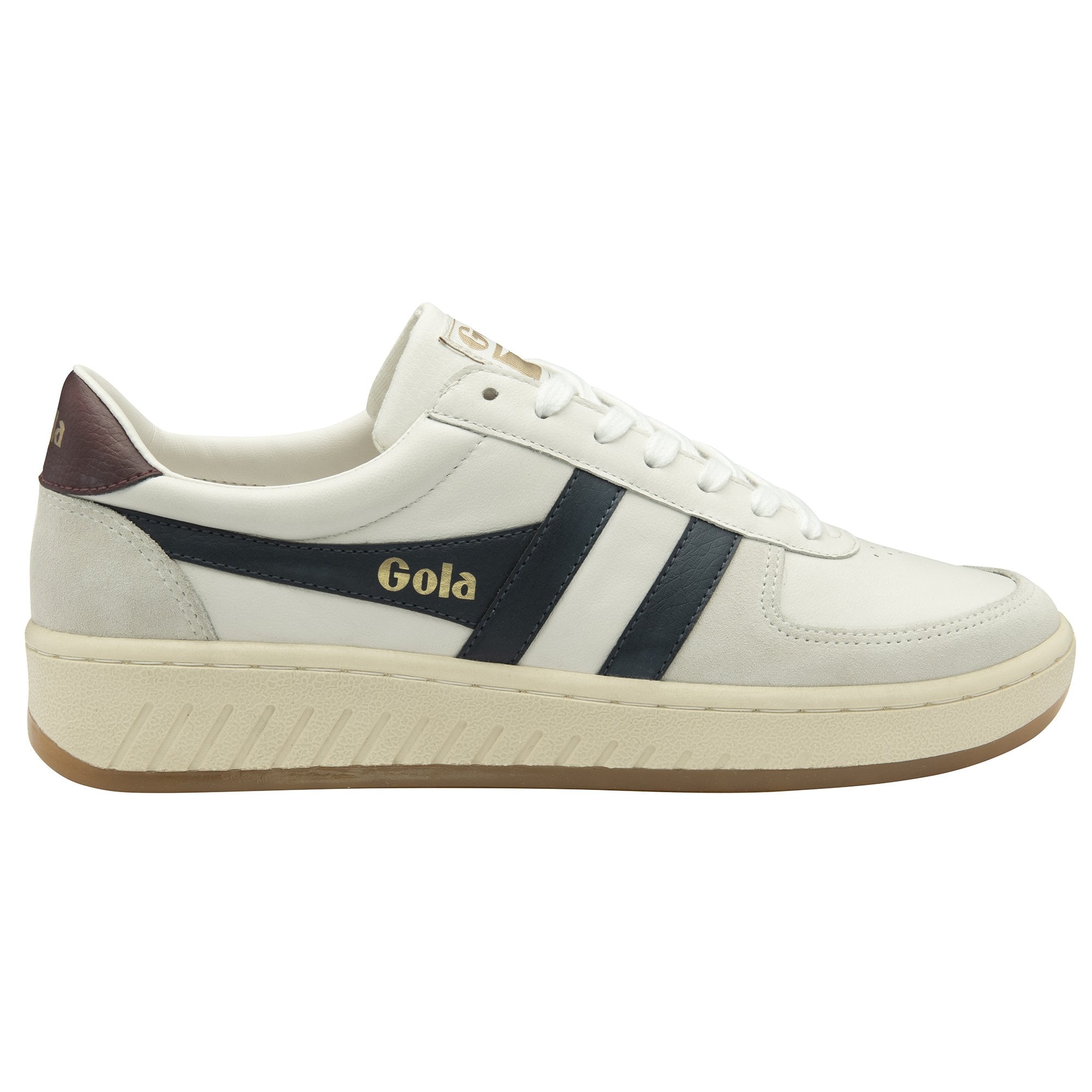 A single Gola low-top sneaker in white with navy stripes from the side.